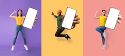 Glad excited young asian, european women and black guy jumping from joy and show phone with empty screen, isolated on colored background, collage. Great advice, offer and digital ad, new app, panorama