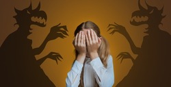 Childhood Fears Concept. Scared Little Girl Covering Face With Hands, Crying Female Child Afraid Of Shadow Monsters Illustrated Over Dark Yellow Background, Creative Collage For Kids Phobias