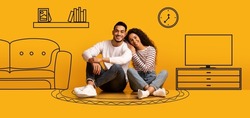 Family Housing. Happy Arab Couple Sitting On Floor Near Orange Wall With Drawn Interior, Smiling Young Spouses Imagining Their New Home, Planning Relocation In Empty Room, Hugging, Creative Collage