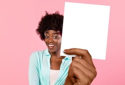 Happy African American Female Holding Blank White Card For Advertisement, Posing Smiling Looking At Camera Standing In Studio Over Pink Background, Showing Good Offer, Collage