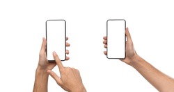 Front closeup of male hands holding smart phones with white empty screen, showing using devices, person sharing media transfer data files, touching monitor, free copy space. Banner, studio mock up