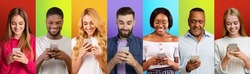 Young diverse people using cellphones over different colored studio backgrounds, panorama. Collage of headshots with multiracial men and women using smartphones. Gadget users crowd