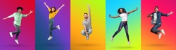 Collage with excited millennial diverse men and women jumping and shouting, having fun on bright neon studio backgrounds, banner design. Multiracial people going crazy, flying in air