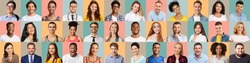 Generation Z. Portraits of diverse smiling multi ethnic men and women over colorful backgrounds, set with happy millennial multicultural people posing over bright backdrops, creative collage, panorama