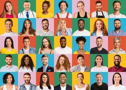Diversity Concept. Group Of Young Cheerful Multiethnic People Posing Over Colorful Backgrounds, Set Of Different Multicultural Men And Women's Portraits Over Bright Backdrops, Creative Collage