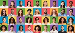 Positive emotions set. Collage of multiracial millennials portraits on different colorful studio backgrounds. Happy diverse young people headshots mosaic, panorama, creative pic