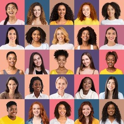 Square collage of young female multiethnic students over various bright studio backgrounds. Smiling women portraits of different nationalities and looks. Social variety and diversity concept
