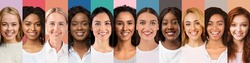 Cheerful women various nationalities and ages posing on colorful studio backgrounds, collage for feminine beauty concept, panorama. Attractive multiracial females smiling at camera, set of portraits