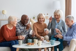 Multiethnic group of happy senior friends men and women in casual sitting on couch, having conversation and playing cards while drinking tea with cookies, chilling together at home