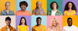 Set of closeup studio portraits of happy people men and women different ages and nationalities showing positive emotions on colorful backgrounds, collage, panorama. Ethnic minorities concept