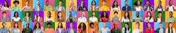 Glad, excited, calm millennial different people making gestures and signs with hands, isolated on colorful background, collage, studio. Positive emotions and facial expressions, ad, human resource