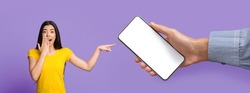Wow, Check This Great Offer. Excited surprised Asian lady cover mouth point at big blank cell phone screen, huge hand holding device with white empty display on violet purple wall, banner panorama