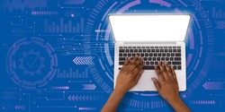 Cropped young black human typing on laptop keyboard with glowing blank screen on blue background with abstract symbols, collage, top view. Modern device, personal data, social networks, work and study