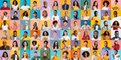Social Diversity. Mosaic With Happy Faces Of Different People Over Colorful Backgrounds, Creative Collage With Various Emotional Multiethnic Men And Women Gesturing And Smiling At Camera