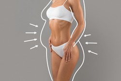 Liposuction Concept. Drawn Outlines With Arrows Around Slim Female Body In White Underwear, Unrecognizable Fit Woman With Perfect Figure Shape Posing Over Grey Studio Background, Collage
