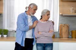 Caring Senior Man Comforting His Offended Wife In Kitchen At Home, Worried Husband Soothing Upset Elderly Spouse, Embracing Her Shoulders And Apologizing After Domestic Quarrel, Copy Space