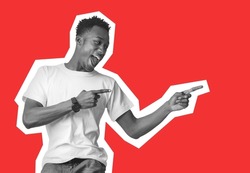 Monochrome cool millennial back guy pointing at copy space on red background and laughing, excited young african american man showing great summer offer or advertisement, collage, magazine style