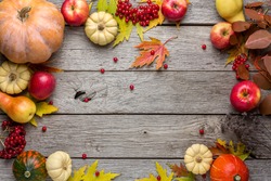 Autumn background with yellow maple leaves, red apples and pumpkins. Frame of fall harvest on aged wood with copy space. Mockup for seasonal offers and holiday post card, top view