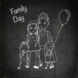 Happy family with children. Doodle characters. Hand drawn vector stock illustration. Chalk board drawing