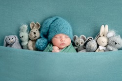 Beautiful newborn sleeping with knitted toys