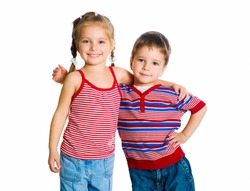 little boy and girl hugging isolated on white