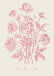 Vintage vector floral illustration. Flower arrangement. Peonies. Coral. Greeting card. Thank you
