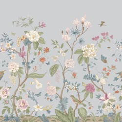Mural. Bloom. Chinoiserie inspired. Vintage floral illustration. Pastel colors 