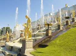 Peterhof, Russia, king's palace and fountain grand cascade, surroundings of St. Petersburg.