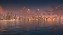 Skyline panorama of  Dubai Marina is popular residential part of town at beautiful sunset.