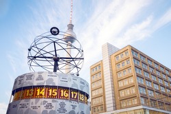 Tv tower and world clock at Alexanderplatz train station, Berlin, Germany