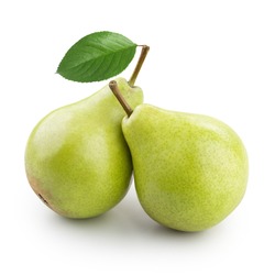 Two ripe pears with leaf isolated on white