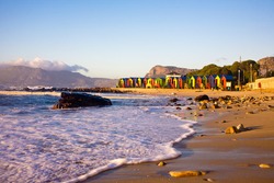 St James beach with its colorful bathing boxes in Cape Town, South Africa.