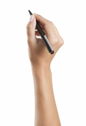 Woman hand writing with a pen, background white, isolated