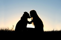 a special and serene moment as a girl is lovingly hugging her German Shepherd Dog, silhouetted against the sunsetting sky