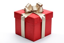 Red gift box with golden ribbon and bow