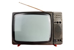 Isolated photo of an old black and orange colored soviet tv set on white background.