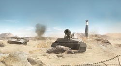Desert tanks battlefield background. Desert war tanks battle scene with explosions, barbed wire  ruins background.