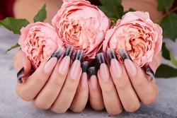 Hands with long artificial manicured nails colored with black nail polish and pink rose flowers