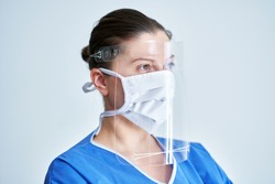 Portrait of female medical doctor wearing protective mask and face shield