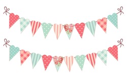 Cute vintage heart shaped shabby chic textile bunting flags ideal for Valentines Day, wedding, birthday, bridal shower, baby shower, retro party decoration etc