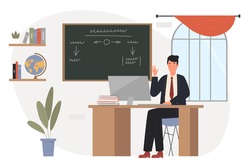 Teacher man working in blackboard class vector illustration. Cartoon male school or college teacher character sitting at table with laptop and waving in classroom chalkboard interior isolated on white