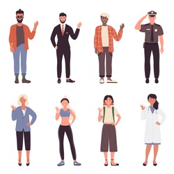 People greet and wave vector illustration set. Cartoon bearded hipster businessman policeman and boy waving hello, young woman doctor businessman and girl student with okay gesture isolated on white