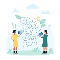 Bad communication vector illustration. Cartoon tiny girls with tin can telephone have miscommunication barrier, confused women friends listening phone on tangled network string and misunderstanding