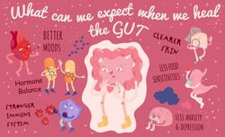 Why gut health matters. Landscape poster. Medical infographic. Digestion is important for body. Stomach function. Vector illustration with characters in modern style. Healthcare, scientific concept