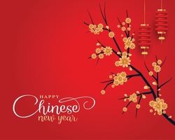 happy chinese new year wishes card with decorative sakura tree vector 