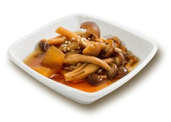 Mushroom in korean sauce in the white square plate