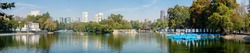 High resolution panoramic view of the lake at Chapultepec Park in Mexico City
