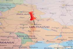 Ukraine, selective focus on Kiev- capital city, pinned on political map 