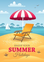 Bright summer holidays poster with orange deck chair and striped pink sun umbrella on the beach with landscape of blue sea, sky, yacht and palm trees on horizon as a background