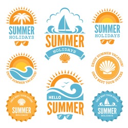 Set of  summer holidays labels with  sun, palm tree, sailing yacht, sunglasses, sea shell and waves in bright  blue and orange colors isolated on white background
